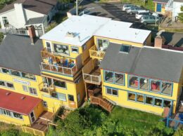 An arial view of the inn shows all of the west, ocean facing windows plus decks and patios.